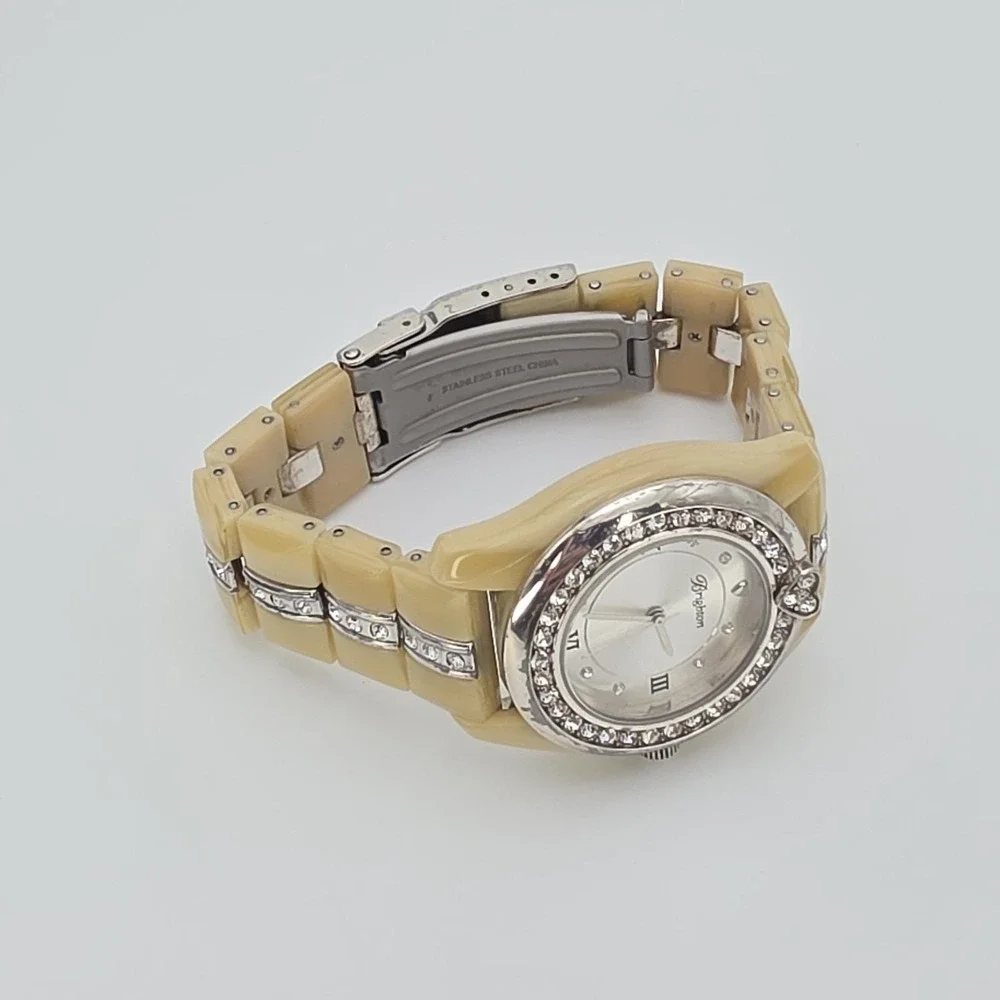 BRIGHTON 'Dana Point' Watch Beige Resin Band Crystal Accents Silver Plate